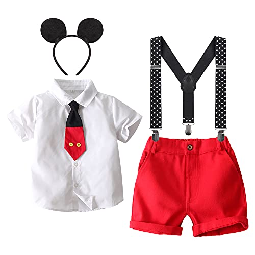 Kinder Jungen Mickey Mouse Halloween Kostüme Gentleman Krawatte Kurzarm Shirt Hemd+Y-Back Hosenträger+Shorts+Stirnband 4tlg Anzug Geburtstagsfeier Hochzeit Formal Outfit Fotografie Weiß-4tlg 2-3 Jahre von IBTOM CASTLE