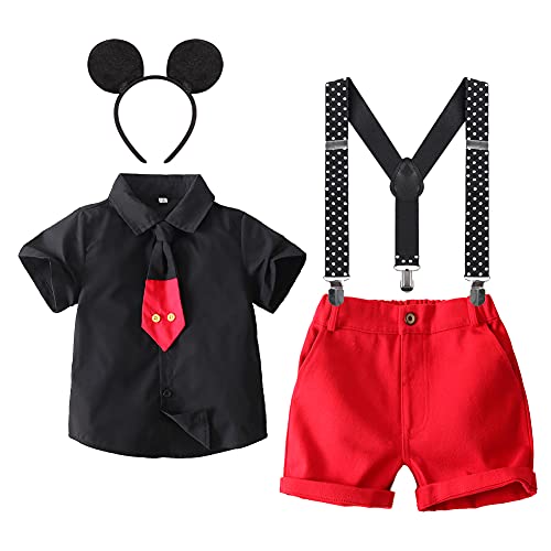 Kinder Jungen Mickey Mouse Halloween Kostüme Gentleman Krawatte Kurzarm Shirt Hemd+Y-Back Hosenträger+Shorts+Stirnband 4tlg Geburtstagsfeier Hochzeit Formal Outfit Fotografie Schwarz-4tlg 5-6 Jahre von IBTOM CASTLE