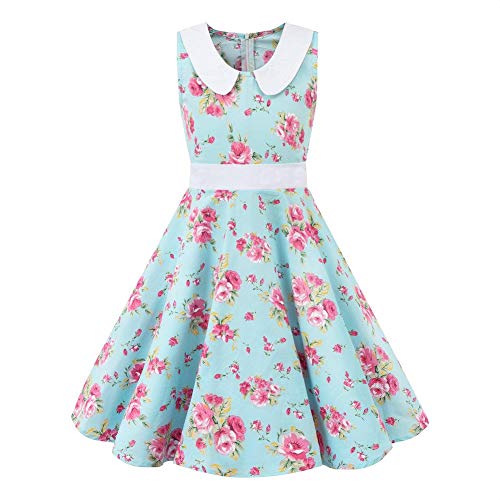 Kinder Mädchen 1950er Vintage Kleider Blumendruck Polka Dots Swing A Linie Hochzeit Geburtstag Partykleid Sommer Retro Cocktailkleid Abendkleid Festkleid Im 50er Jahre Stil Eisblau 11-12 Jahre von IBTOM CASTLE