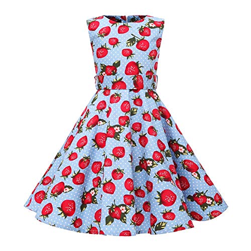 Kinder Mädchen 1950er Vintage Rockabilly Abendkleid Hepburn Stil Blumen A Linie Ärmellos Retro Swing Cocktailkleid Hochzeit Geburtstag Party Knielang Festkleid mit Hüftgurt Blau Erdbeere 9-10 Jahre von IBTOM CASTLE