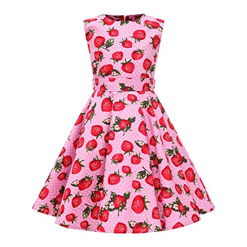 Kinder Mädchen 1950er Vintage Rockabilly Abendkleid Hepburn Stil Blumen A Linie Ärmellos Retro Swing Cocktailkleid Hochzeit Geburtstag Party Knielang Festkleid mit Hüftgurt Rosa Erdbeere 9-10 Jahre von IBTOM CASTLE