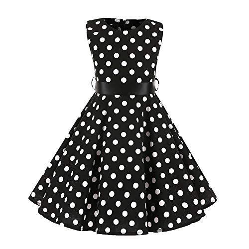 Kinder Mädchen 1950er Vintage Rockabilly Abendkleid Hepburn Stil Polka Dots A Linie Ärmellos Retro Swing Cocktailkleid Hochzeit Geburtstag Party Knielang Festkleid mit Hüftgurt Schwarz 4-5 Jahre von IBTOM CASTLE