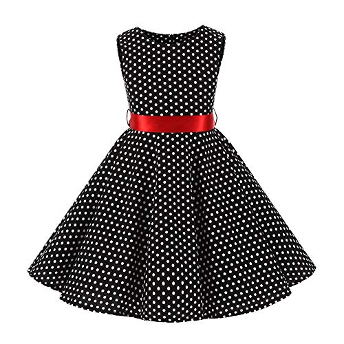 Kinder Mädchen 1950er Vintage Rockabilly Abendkleid Hepburn Stil Polka Dots A Linie Retro Swing Cocktailkleid Hochzeit Geburtstag Party Knielang Festkleid mit Hüftgurt Schwarz + Rot 9-10 Jahre von IBTOM CASTLE