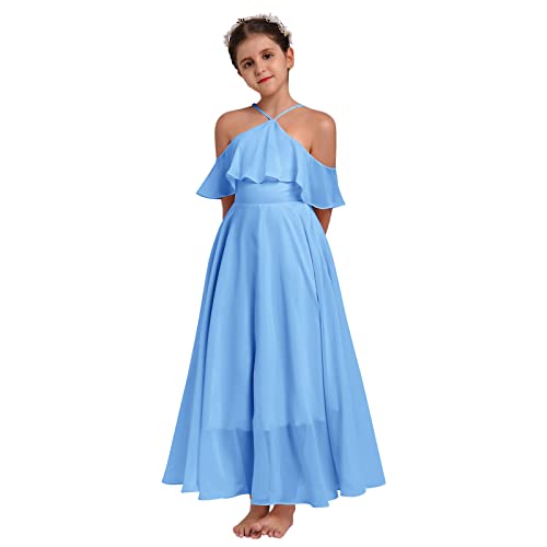 Kinder Mädchen Hochzeit Party Brautjungfer Kleid Off-Schulter Spaghetti-Träger Blumenmädchen Prinzessin Rüsche Langes Maxikleid Festzug Prom Kleid Hell Blau 11-12 Jahre von IBTOM CASTLE