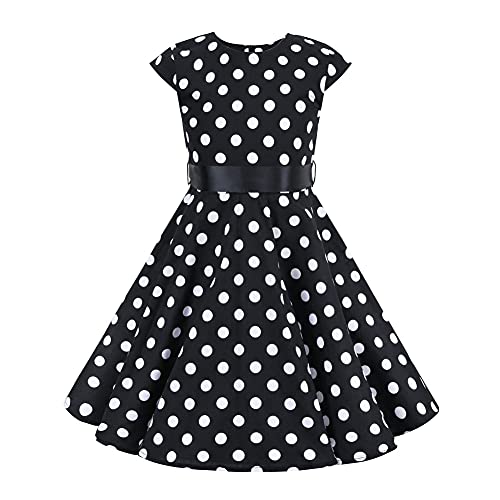 Kinder Mädchen Vintage 50s Kleid Rockabilly Ärmellos Polka Dots A-Linie Swing Casual Urlaub Sommerkleid Retro Hochzeit Geburtstag Cocktail Party Abend Ball Ballkleid Schwarz Polka Dots 11-12 Jahre von IBTOM CASTLE