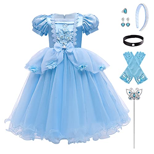 Kleider Für Mädchen Eckiger Kragen Kurze Puffärmel Cinderella Kleid Mädchen Prinzessin Kleid Mädchen Brautkleider Hochzeitskleider Halloween Kostüm Mädchen Blaue Blumen Blaue Blumen 6-7 Jahre von IBTOM CASTLE