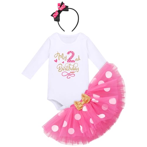 IBTOM CASTLE Kleinkinder Baby Mädchen 1./2./ 3.Geburtstag Outfit Baumwolle Langarm Strampler+Prinzessin Polka Dots Tüll Tutu+Maus Ohr Stirnband 3tlg Bekleidungsset Heiß Rosa-my 2nd birthday 2 Jahre von IBTOM CASTLE