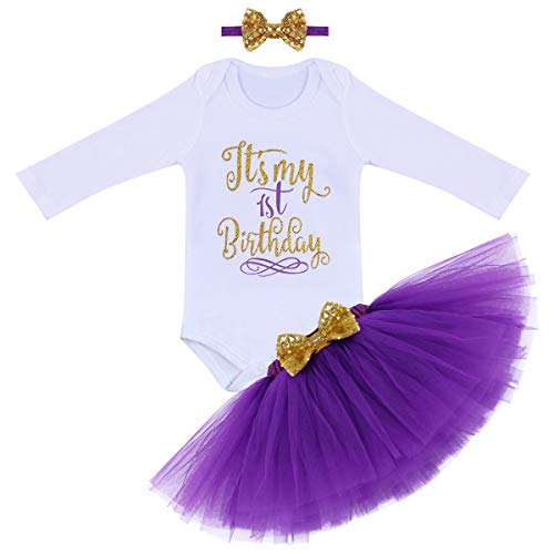 Kleinkinder Baby Mädchen 1. Geburtstag Outfit Langarm Strampler+Tütü Tüll Rock+Pailletten Stirnband 3tlg erstes Geburtstagskleid Cake Smash Prinzessin Kostüm für Fotoshooting Lila 1Y von IBTOM CASTLE