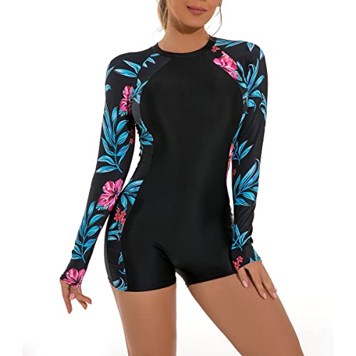 Langärmeliger Badeanzug für Frauen, Rashguard für Frauen, One Piece Swimsuits Floral Swim Shirt Boyleg Swimwear Reißverschluss Surfen Neoprenanzug Schwimmen Kostüm Blaue&rote Blume M von IBTOM CASTLE