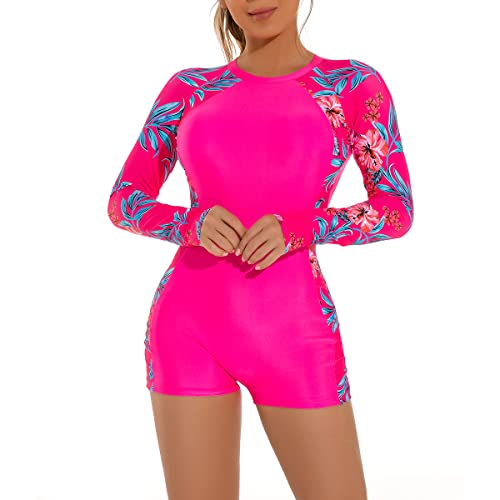 Langärmeliger Badeanzug für Frauen, Rashguard für Frauen, One Piece Swimsuits Floral Swim Shirt Boyleg Swimwear Reißverschluss Surfen Neoprenanzug Schwimmen Kostüm Hot pink L von IBTOM CASTLE