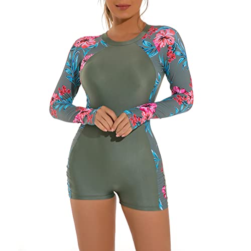 Langarm Badeanzug für Damen, One Piece Floral Swim Shirt Boyleg Bottoms Rash Guard Swimwear Badeanzug Reißverschluss Surfen Neoprenanzug Schnorchelanzug UV-Schutz Badeanzug Dunkelgrün XL von IBTOM CASTLE