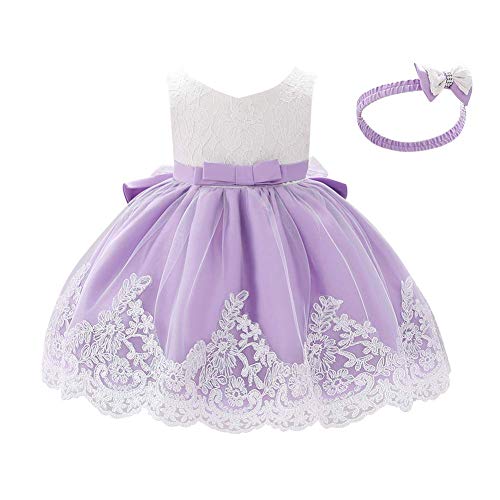 Little Girl Babe Kleid für ein Jahr, klein, V-Ausschnitt, Prinzessin, Baby-Tutu, Cocktailkleid, Geburtstagsgeschenk, Schleifen-Rock, Stirnband, 2 Stück, Neujahrs-Party, violett, 86 von IBTOM CASTLE