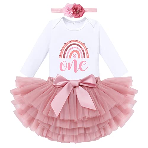 Mädchen 1.Geburtstag 3 Stück Outfits Regenbogen Lange Ärmel Strampler Tutu Kleid Stirnband Erster Geburtstag Mädchen Prinzessin Kleid Baby Fotoshooting Kleidung Langarm One+ Stirnband 1 Jahr von IBTOM CASTLE