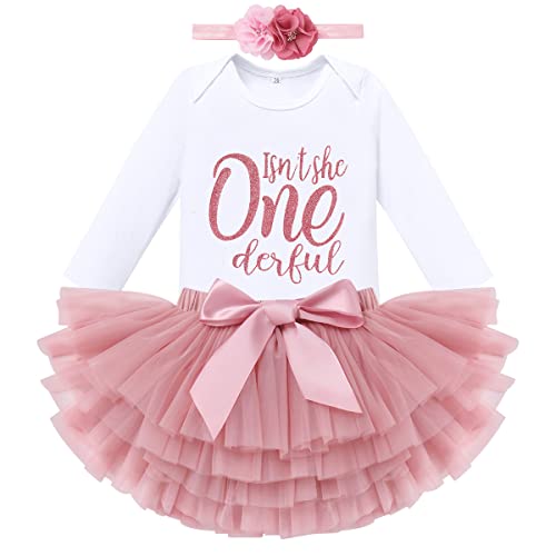 Mädchen 1.Geburtstag 3 Stück Outfits Regenbogen Lange Ärmel Strampler Tutu Kleid Stirnband Erster Geburtstag Mädchen Prinzessin Kleid Baby Fotoshooting Kleidung Langarm Onederful+ Stirnband 1 Jahr von IBTOM CASTLE