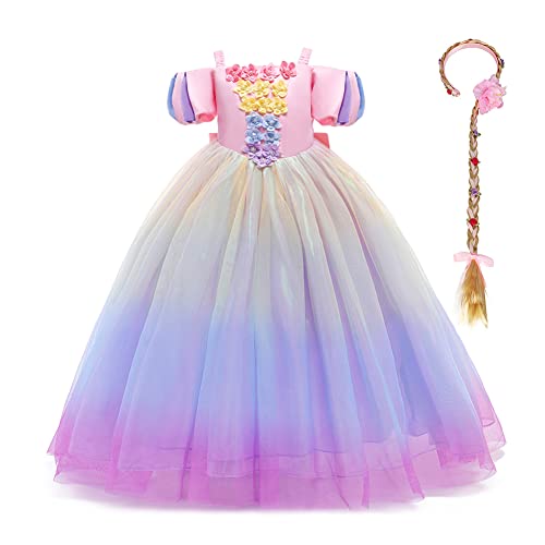 Mädchen Cosplay Kleid Rapunzel Prinzessin Kostüm Kinder Grimms Karneval Tangled Märchen Partykleid Halloween Festival Geburtstag Fotoshooting Magie Faschingskostüm Festkleid Gradient Blumen 6-7 Jahre von IBTOM CASTLE