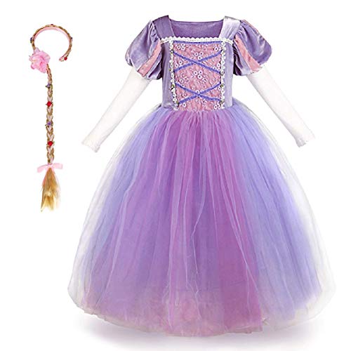 Mädchen Cosplay Kleid Rapunzel Prinzessin Kostüm Kinder Grimms Karneval Tangled Partykleid Halloween Festival Fotoshooting Magie Faschingskostüm Festkleid Fancy Dress Up Lila+Haarband (2PCS) 4-5 Jahre von IBTOM CASTLE