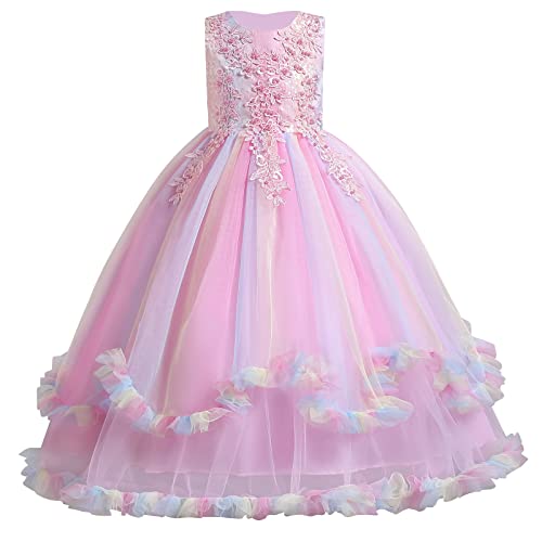 Mädchen Elegant Spitze Tüll Hochzeit Brautjungfern Kleid Prinzessin Festzug Erstkommunion Cocktailkleid Abendkleid Birthday Party Kleider Kinder Langes Evening Ballkleider Regenbogenrosa 9-10 Jahre von IBTOM CASTLE