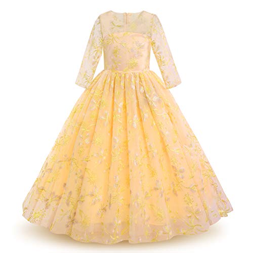 Mädchen Festzug Ballkleider Kinder Bestickt Brautkleid Elegant Brautjungfer Kleider für 3/4 Arm Tüllkleid Prinzessin Erste Kommunionskleider Karneval Abendkleid Partykleid Blumen-Gelb 5-6 Jahre von IBTOM CASTLE