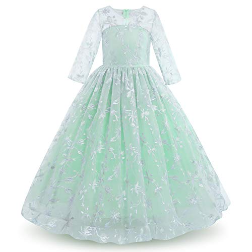 Mädchen Festzug Ballkleider Kinder Bestickt Brautkleid Elegant Brautjungfer Kleider für 3/4 Arm Tüllkleid Prinzessin Erste Kommunionskleider Karneval Abendkleid Partykleid Blumen-Grün 7-8 Jahre von IBTOM CASTLE