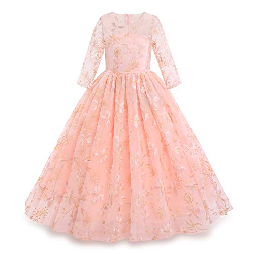 Mädchen Festzug Ballkleider Kinder Bestickt Brautkleid Elegant Brautjungfer Kleider für 3/4 Arm Tüllkleid Prinzessin Erste Kommunionskleider Karneval Abendkleid Partykleid Blumen-Rosa 11-12 Jahre von IBTOM CASTLE