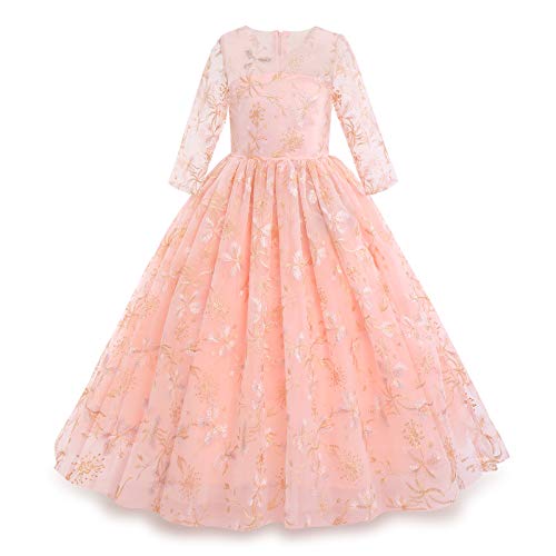 Mädchen Festzug Ballkleider Kinder Bestickt Brautkleid Elegant Brautjungfer Kleider für 3/4 Arm Tüllkleid Prinzessin Erste Kommunionskleider Karneval Abendkleid Partykleid Blumen-Rosa 3-4 Jahre von IBTOM CASTLE