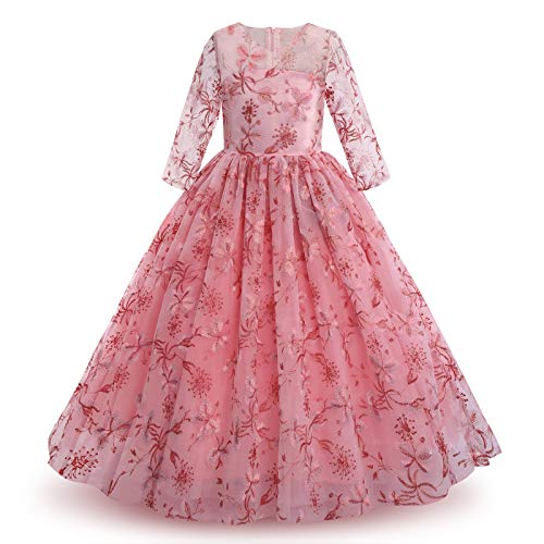 Mädchen Festzug Ballkleider Kinder Bestickt Brautkleid Elegant Brautjungfer Kleider für 3/4 Arm Tüllkleid Prinzessin Erste Kommunionskleider Karneval Abendkleid Partykleid Blumen-Weinrot 11-12 Jahre von IBTOM CASTLE