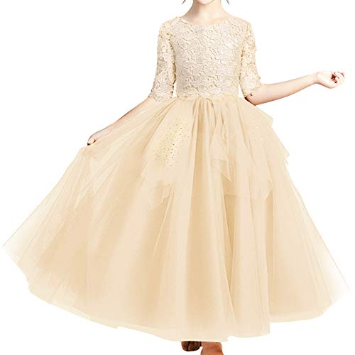 Mädchen Festzug Ballkleider Kinder samten Bestickt Hochzeit Kleid Blumenmädchenkleid Brautjungfern Partei Festliches Kleid Abendkleid Karneval Festzug Cocktailkleid Champagner-Spitze 13-14 Jahre von IBTOM CASTLE