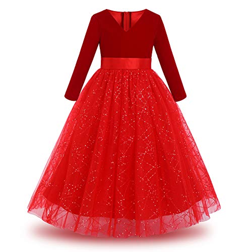 Mädchen Festzug Ballkleider Kinder samten Bestickt Hochzeit Kleid Blumenmädchenkleid Brautjungfern Partei Festliches Kleid Abendkleid Karneval Festzug Cocktailkleid Pailletten-Rot 5-6 Jahre von IBTOM CASTLE