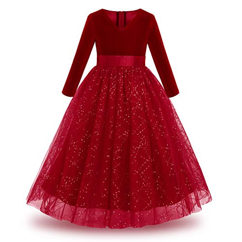 Mädchen Festzug Ballkleider Kinder samten Bestickt Hochzeit Kleid Blumenmädchenkleid Brautjungfern Partei Festliches Kleid Abendkleid Karneval Festzug Cocktailkleid Pailletten-Weinrot 6-7 Jahre von IBTOM CASTLE