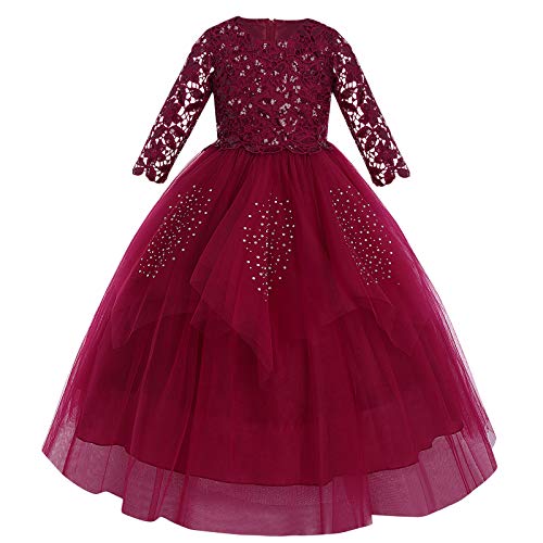 Mädchen Festzug Ballkleider Kinder samten Bestickt Hochzeit Kleid Blumenmädchenkleid Brautjungfern Partei Festliches Kleid Abendkleid Karneval Festzug Cocktailkleid Weinrot-Spitze 3-4 Jahre von IBTOM CASTLE