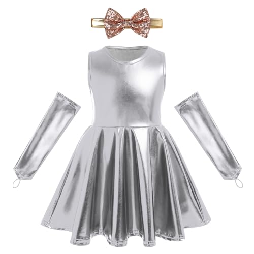 Mädchen Holographic Glitzer Kleid Metallic Skater Rock High Waist Faltenrock Minikleid Glitzerkleid Mädchen Rave Festival Cosplay Kostüm Outfit Silber 2-3 Jahre von IBTOM CASTLE