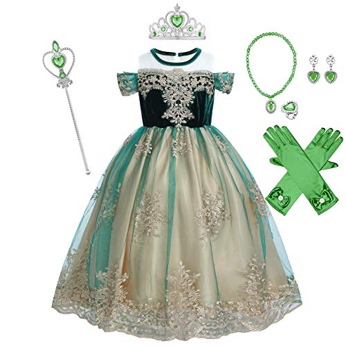 Mädchen Prinzessin Kostüm Eiskönigin Anna Kleid mit Umhang Für Kinder Geburtstagsfeier Phantasie Cosplay Verrücktes Ankleiden Karneval Verkleidung Weihnachten Halloween Fest 02-Grün 4-5 Jahre von IBTOM CASTLE