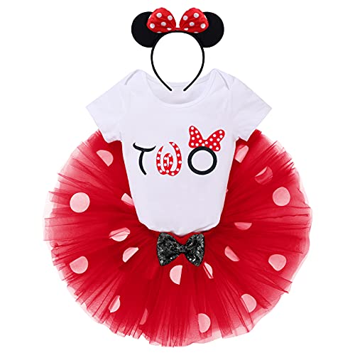 Minnie Mouse Geburtstagsdeko,2 Geburtstag Mädchen Outfit, Minnie Mouse Kostüm Kinder Kurzarm Baumwolle Strampler+Polka Dot Tutu Rock+Stirnband Fotoshooting Outfit Rot-TWO 2 Jahre von IBTOM CASTLE