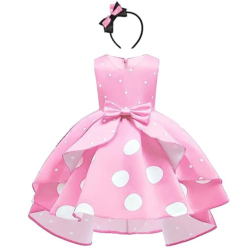 Minnie Mouse Kleid Mädchen Weihnachten Karneval Halloween Verkleiden Kostüm Vintage Polka Dot Prinzessin Tutu Hi-Lo Partykleid mit Maus Ohren Stirnband Geburtstag Festlich Outfit Rosa 8-9 Jahre von IBTOM CASTLE