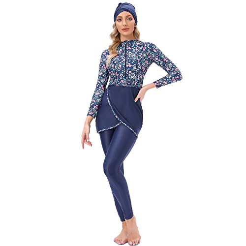 Muslimische Badeanzug Damen, Burkini Damen Muslim, Ganzkörper Badeanzug Damen, Hijab Badeanzug Damen, Bescheidene Modest Muslim Swimwear Langarm Top+Hosen+Hijab 3 Stücke Set Blau + Blumen 4XL von IBTOM CASTLE