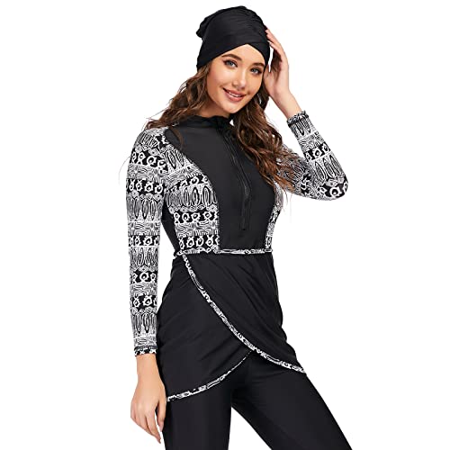 Muslimische Badeanzug Damen, Burkini Damen Muslim, Ganzkörper Badeanzug Damen, Hijab Badeanzug Damen, Bescheidene Modest Muslim Swimwear Langarm Top+Hosen+Hijab 3 Stücke Set Schwarze&Weiß S von IBTOM CASTLE