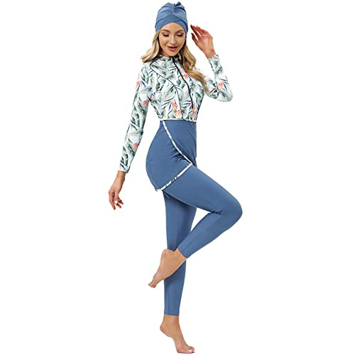 Muslimische Bademode Badeanzüge für Frauen, Burkini Damen Muslim, Langarm Top+Hosen+Hijab 3 Stücke Set Ganzkörper Badeanzug Floral Badebekleidung Rashguard Bademode Sets Himmelblau+Blume 3XL von IBTOM CASTLE