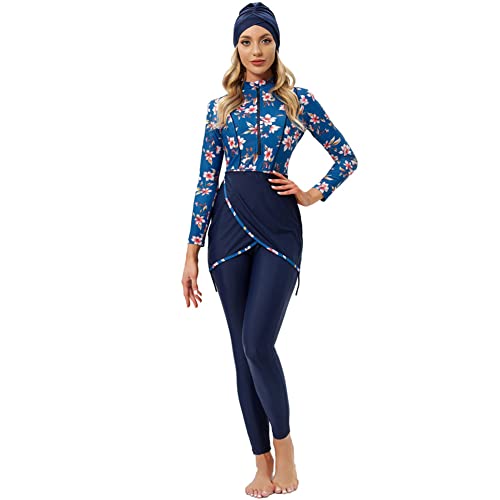 Muslimische Bademode Badeanzüge für Frauen, Burkini Damen Muslim, Langarm Top+Hosen+Hijab 3 Stücke Set Ganzkörper Badeanzug Floral Badebekleidung Rashguard Bademode Sets Marineblau+Blume M von IBTOM CASTLE