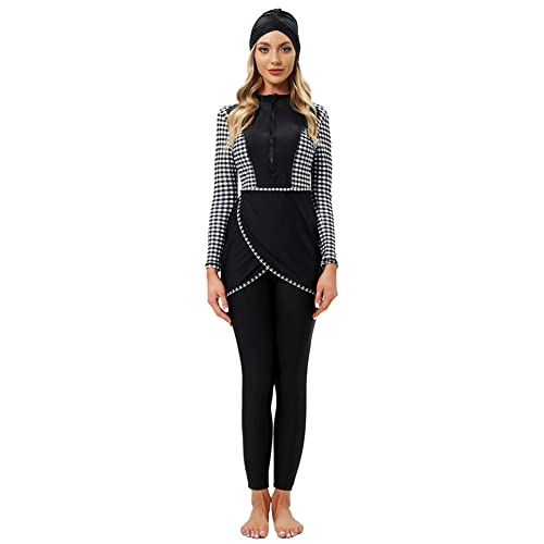 Muslimische Bademode Badeanzüge für Frauen, Burkini Damen Muslim, Langarm Top+Hosen+Hijab 3 Stücke Set Ganzkörper Badeanzug Floral Badebekleidung Rashguard Bademode Sets schwarz-weiß kariert L von IBTOM CASTLE