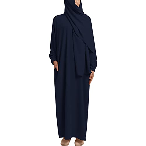 Muslimische Kleider Damen - namazlik - Abaya Damen - Damen Abaya Islamische Roben Mit Voller Länge Hijab Türkisch Muslimische Lang Kleider Jilbab Burka Kaftan Kleid Ramadan Khimar Marineblau M von IBTOM CASTLE