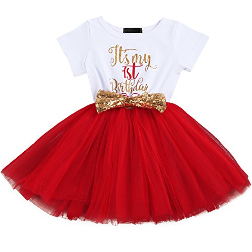 Neugeborene Baby 1./2 ./3. Geburtstag Mädchen Kleid Kurzarm Baumwolle Body Tütü Tüll Prinzessin Partykleid Cake Smash Babykleidung Set Fotoshooting Geburtstagskleid Rot（1 Jahr） 1 Jahr von IBTOM CASTLE