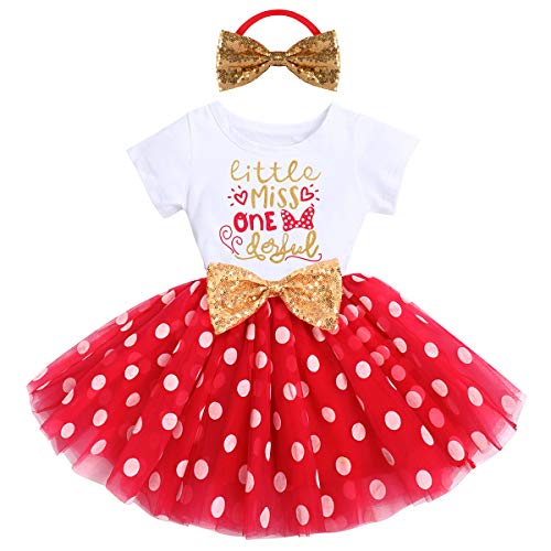 Neugeborene Baby 1./2 ./3. Geburtstag Mädchen Minnie Kleid Polka Dot Body Tütü Tüll Prinzessin Partykleid Cake Smash Babykleidung Set Fotoshooting Geburtstagskleid Rot Dots-Little One 1 Jahre von IBTOM CASTLE