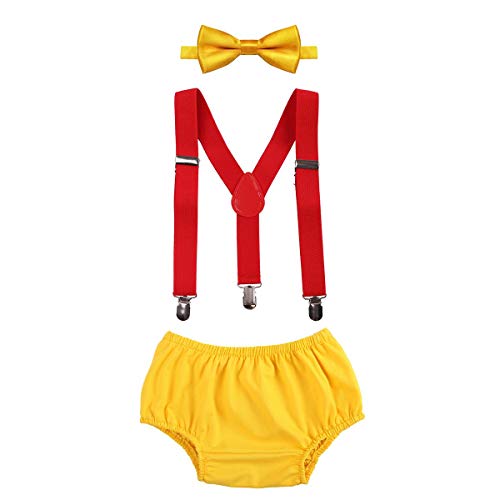 Neugeborene Kleinkinder Baby Jungen 1./2. Geburtstag Kuchen Smash Outfit Fliege+Verstellbare Hosenträger mit Y-Rücken+Windelbezug Bloomers Pants Kleidung Geburtstag Fotoshooting Winnie Pooh 3-24M von IBTOM CASTLE