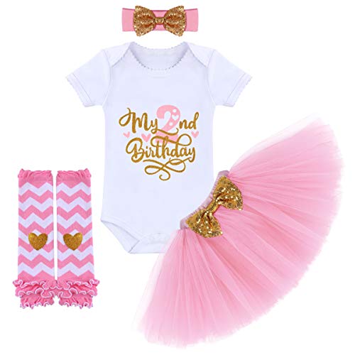 Neugeborenes Baby Mädchen Es ist Mein 1. 2. 3. Geburtstag 4 Stück Outfits Strampler + Prinzessin Tüll Tütü Rock+Bowknot Stirnband+Leggings Festkleid Bekleidung 03-Rosa-2 Jahre 2 Jahre von IBTOM CASTLE