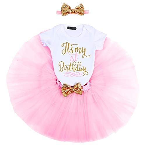 Neugeborenes Kleinkinder Baby Mädchen Es ist Mein 1. 2. 3. Geburtstagskleid 3 Stück Outfits Strampler+Prinzessin Tüll Tütü Rock+Bowknot Stirnband Festkleid Fotoshooting Kostüm Rosa（1 Jahre） 1 Jahre von IBTOM CASTLE