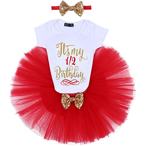 Neugeborenes Kleinkinder Baby Mädchen Es ist Mein 1. 2. 3. Geburtstagskleid 3 Stück Outfits Strampler+Prinzessin Tüll Tütü Rock+Bowknot Stirnband Festkleid Fotoshooting Kostüm Rot（6 Monate） 6 Monate von IBTOM CASTLE