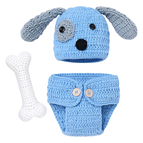 Ostern Neugeborenes Baby Junge Mädchen Cap + Shorts + Knochen Spielzeug Foto Fotografie Prop Outfits Set Häkelkostüm Strick Kostüm Fotoshooting Overalls Blauer Welpe 0-3 Monate Blau-Welpe 0-3Monate von IBTOM CASTLE