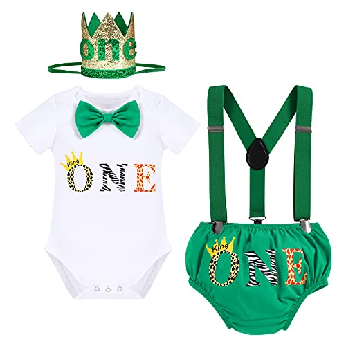 Outfits zum 1. Geburtstag für Babys, Mädchen, Jungen, Gentleman, Tier, Dschungel, Löwe, Strampler + Windelüberzug, Shorts, PP-Hose, Y-Rücken, Hosenträger, Krone, Stirnband, 4-teiliges Set, Grün, 86 von IBTOM CASTLE