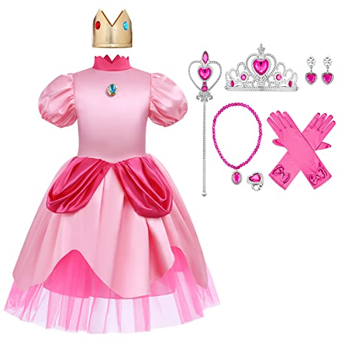 Peach kostüm Prinzessin pfirsich Kostüm, Prinzessin daisy kostüm, Cosplay Super Mario Bros Erwachsenenkostüm Kleid und Krone Fasching Karneval Verkleidung Partykleid Rosa Zubehör 9-10 Jahre von IBTOM CASTLE