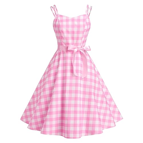 Petticoat Kleid: Rockabilly Kleider Damen, 50er Jahre Outfit ärmelloses Kleid mit Karomuster Spaghettiträger Vintage-Cocktailkleid kariert Hochzeits- und Partykleid Abendkleid Rosa kariert M von IBTOM CASTLE